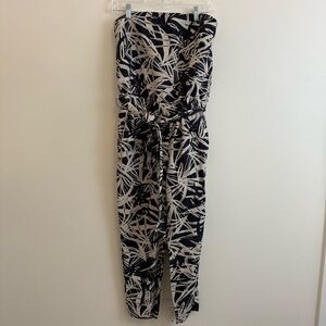 LOFT Strapless Jumpsuit Black Beige‎ Palm Leaf Print Linen Blend Size 4P